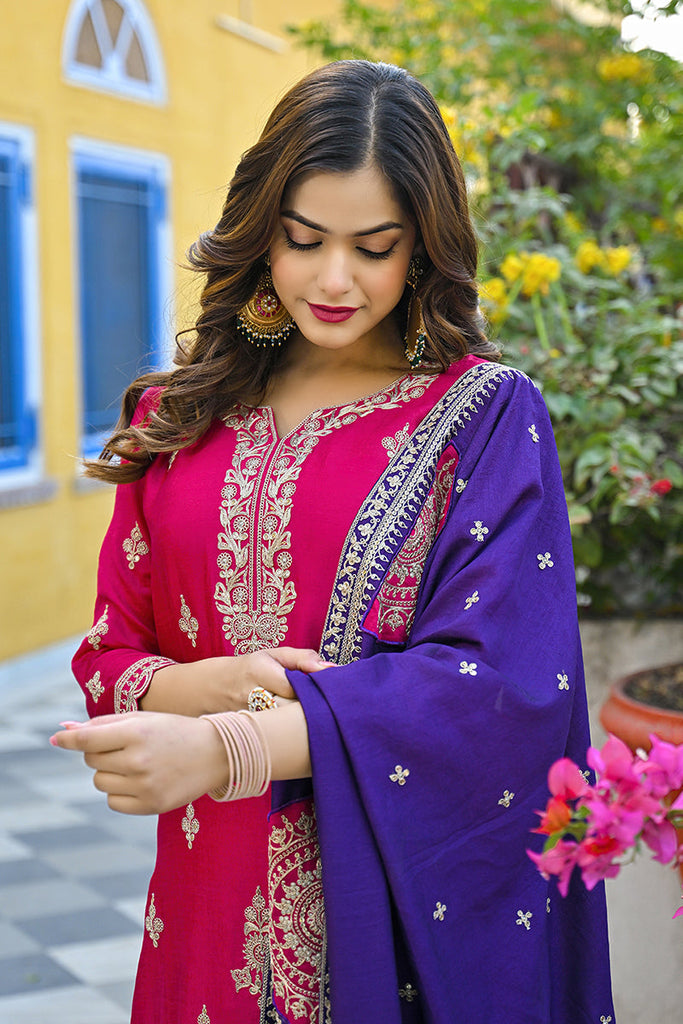 Pink Silk Blend Solid Embroidered Straight Trouser Suit Set PKSKD2856