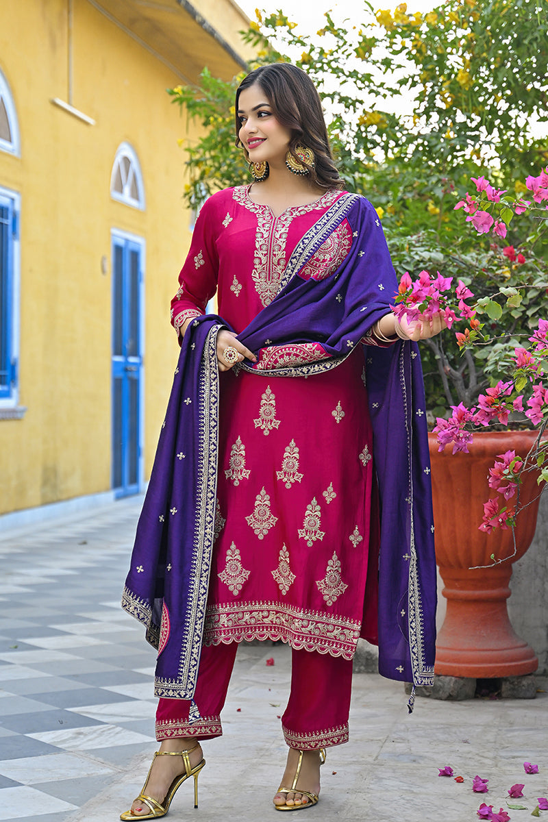 Pink Silk Blend Solid Embroidered Straight Trouser Suit Set PKSKD2856