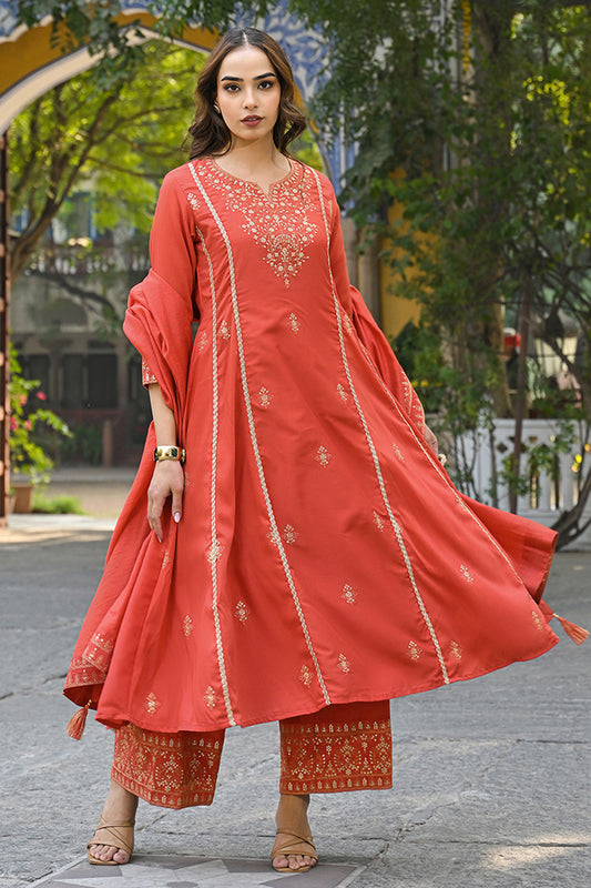 Orange Silk Blend Solid Embroidered Anarkali Palazzo Suit Set PKSKD2858