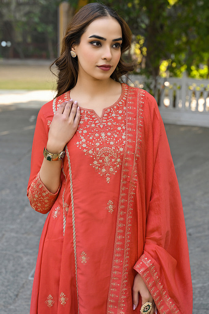 Orange Silk Blend Solid Embroidered Anarkali Palazzo Suit Set PKSKD2858