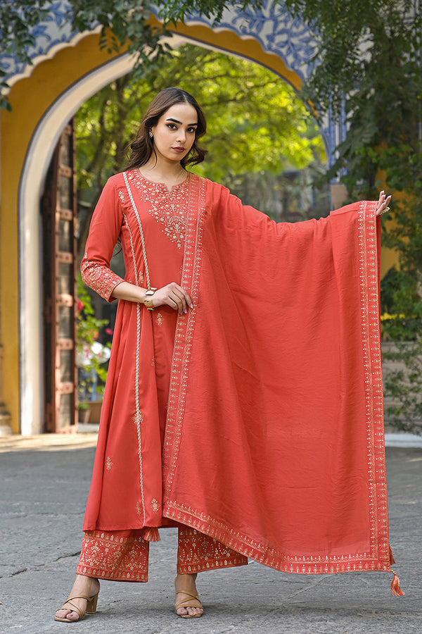 Orange Silk Blend Solid Embroidered Anarkali Palazzo Suit Set PKSKD2858