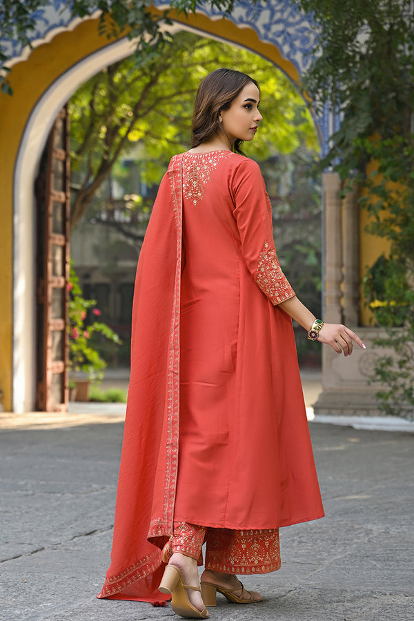 Orange Silk Blend Solid Embroidered Anarkali Palazzo Suit Set PKSKD2858