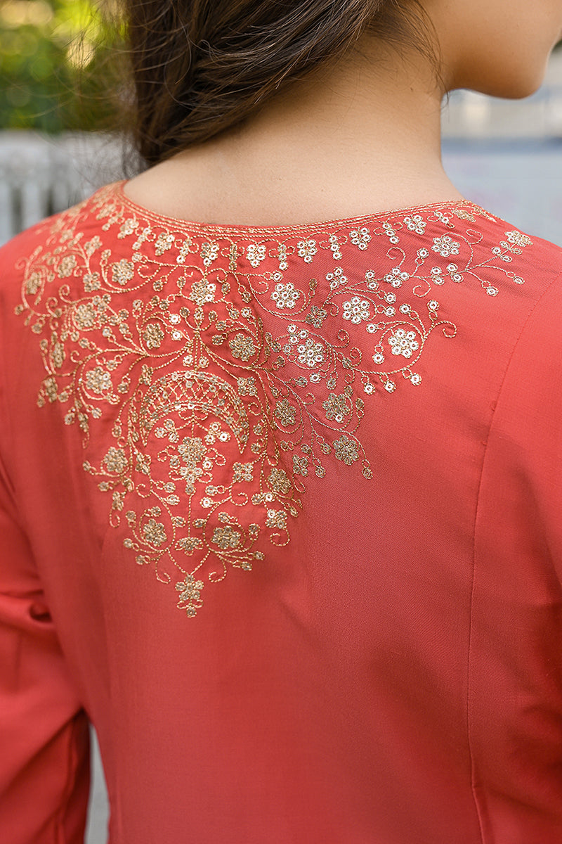 Orange Silk Blend Solid Embroidered Anarkali Palazzo Suit Set PKSKD2858