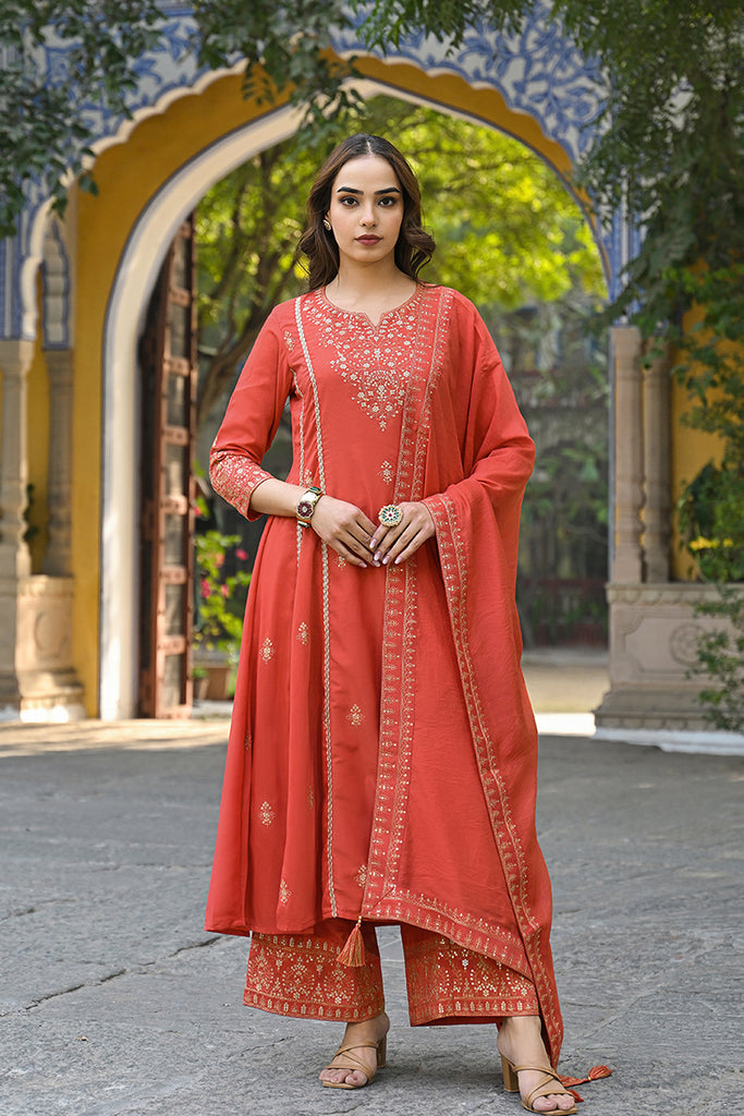 Orange Silk Blend Solid Embroidered Anarkali Palazzo Suit Set PKSKD2858