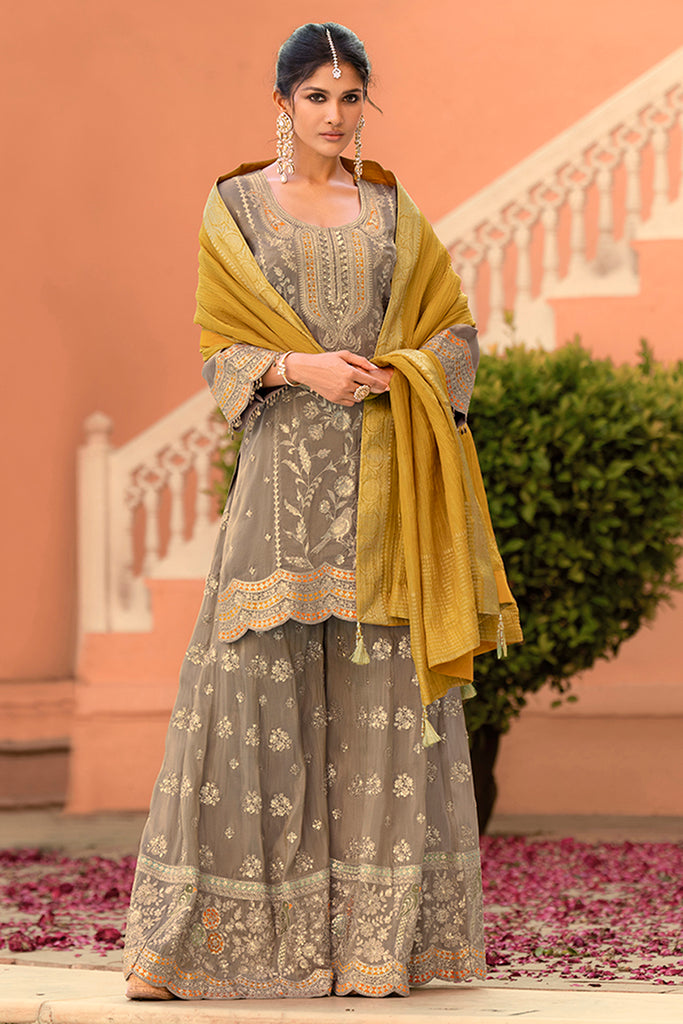 Beige Viscose Shimmer Embroidered Straight Kurta Sharara with Dupatta PKSKD2860