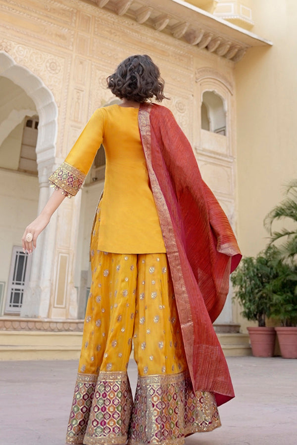 Yellow Viscose Shimmer Embroidered Straight Kurta Sharara with Dupatta PKSKD2861
