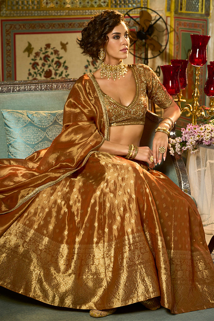 Orange Silk Blend Embroidered Flared Lehenga Choli With Dupatta PKSKD2865
