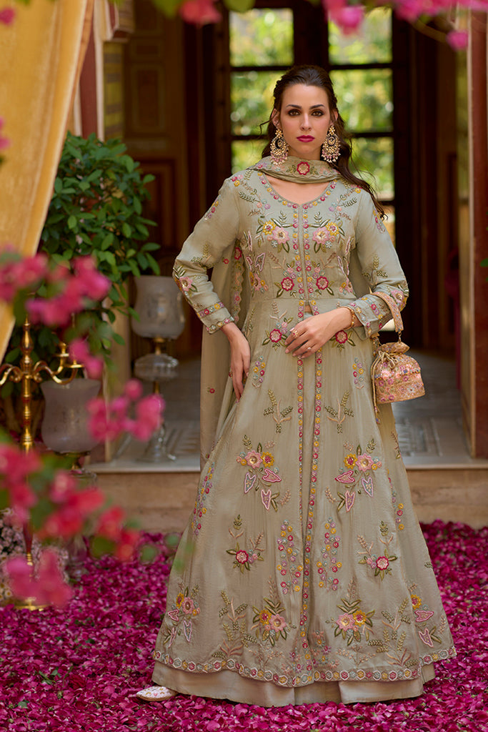 Grey Silk Blend Embroidered Anarkali Kurta Skirt with Dupatta PKSKD2866
