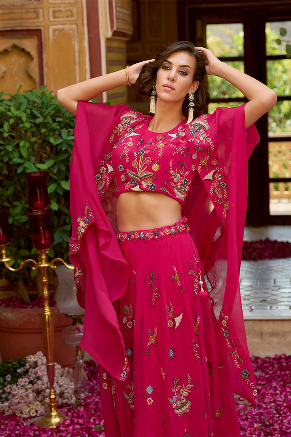 Pink Silk Blend Embroidered Straighit Top Skirt With Shrug PKSKD2867