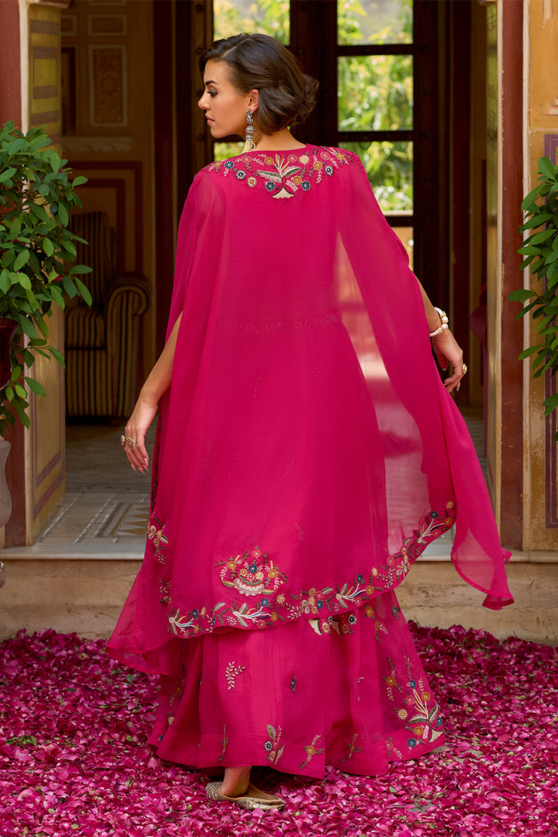 Pink Silk Blend Embroidered Straighit Top Skirt With Shrug PKSKD2867