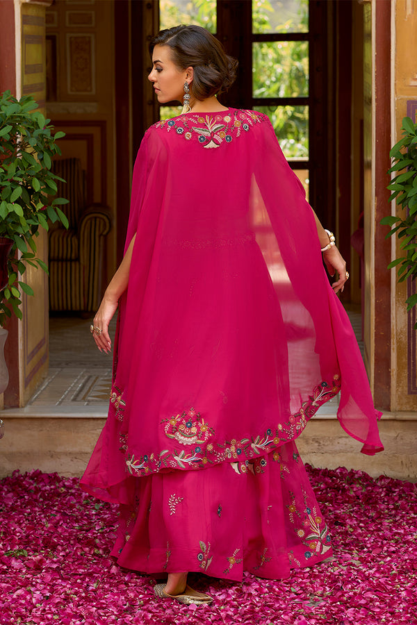 Pink Silk Blend Embroidered Straighit Top Skirt With Shrug PKSKD2867