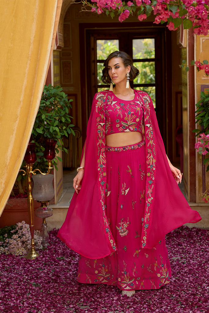 Pink Silk Blend Embroidered Straighit Top Skirt With Shrug PKSKD2867