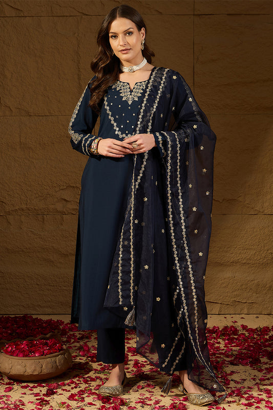 Blue Silk Blend Solid Embroidered Straight Kurta Trousers With Dupatta HOPPKSKD2871