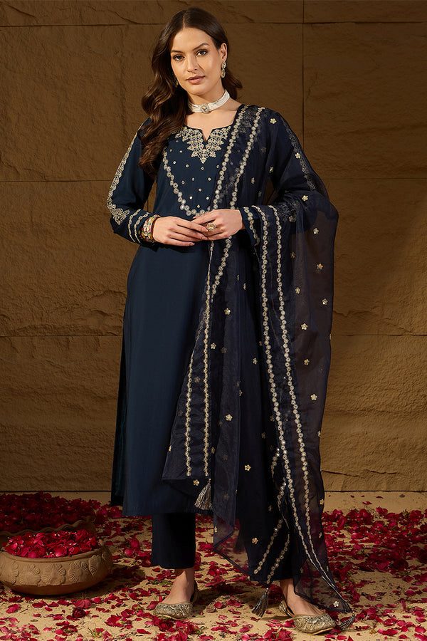 Blue Silk Blend Solid Embroidered Straight Kurta Trousers With Dupatta HOPPKSKD2871