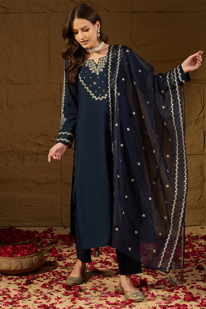 Blue Silk Blend Solid Embroidered Straight Kurta Trousers With Dupatta HOPPKSKD2871