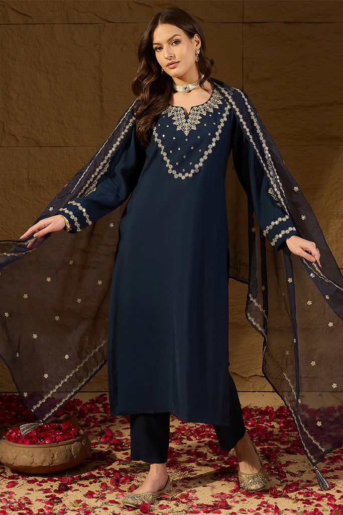 Blue Silk Blend Solid Embroidered Straight Kurta Trousers With Dupatta HOPPKSKD2871