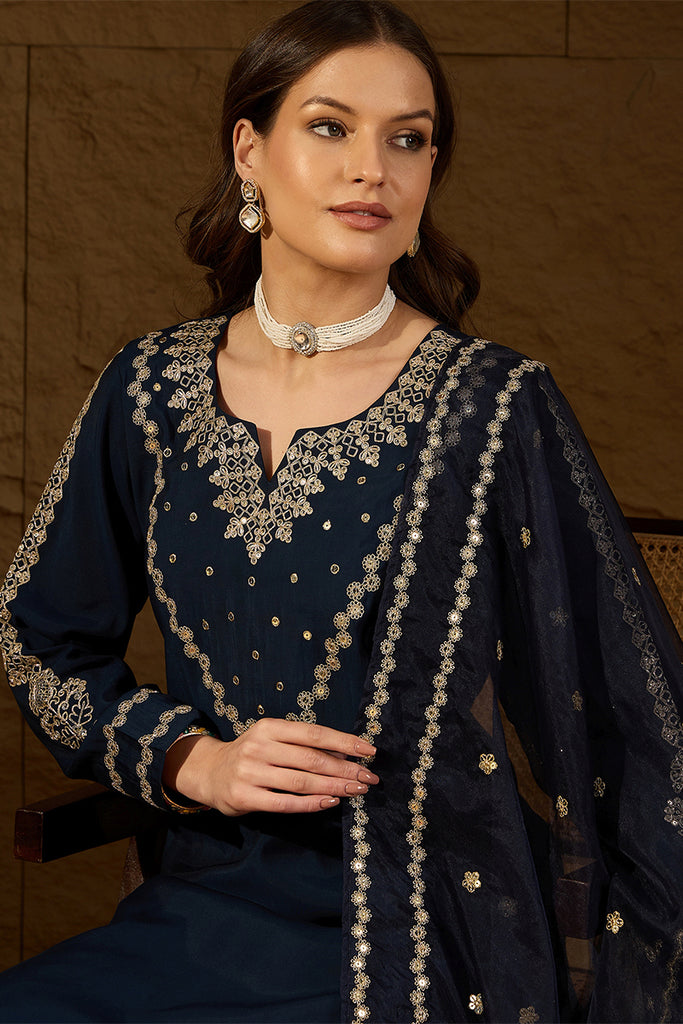 Blue Silk Blend Solid Embroidered Straight Kurta Trousers With Dupatta HOPPKSKD2871