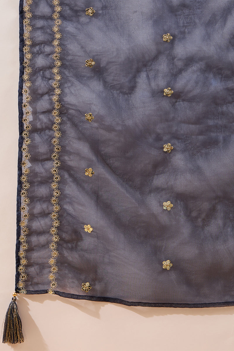 Blue Silk Blend Solid Embroidered Straight Kurta Trousers With Dupatta HOPPKSKD2871