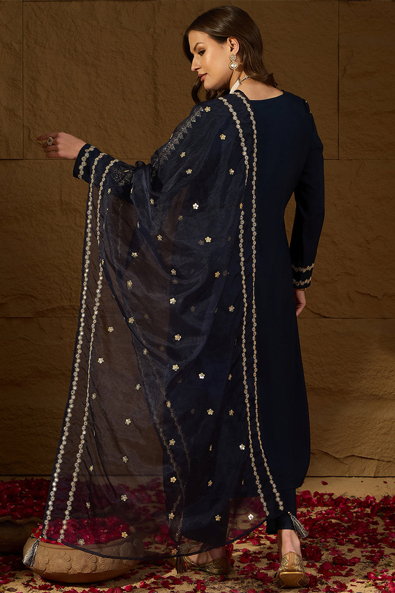 Blue Silk Blend Solid Embroidered Straight Kurta Trousers With Dupatta HOPPKSKD2871