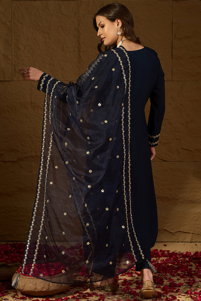 Blue Silk Blend Solid Embroidered Straight Kurta Trousers With Dupatta HOPPKSKD2871