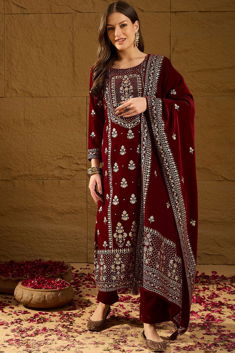 Maroon Velvet Ethnic Motifs Printed Straight Trousers Suit Set PKSKD2881