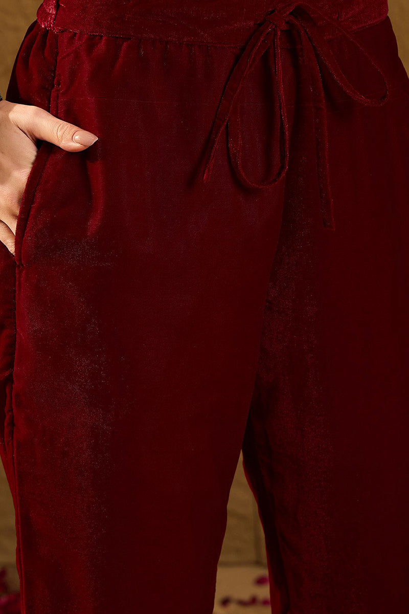 Maroon Velvet Ethnic Motifs Printed Straight Trousers Suit Set PKSKD2881