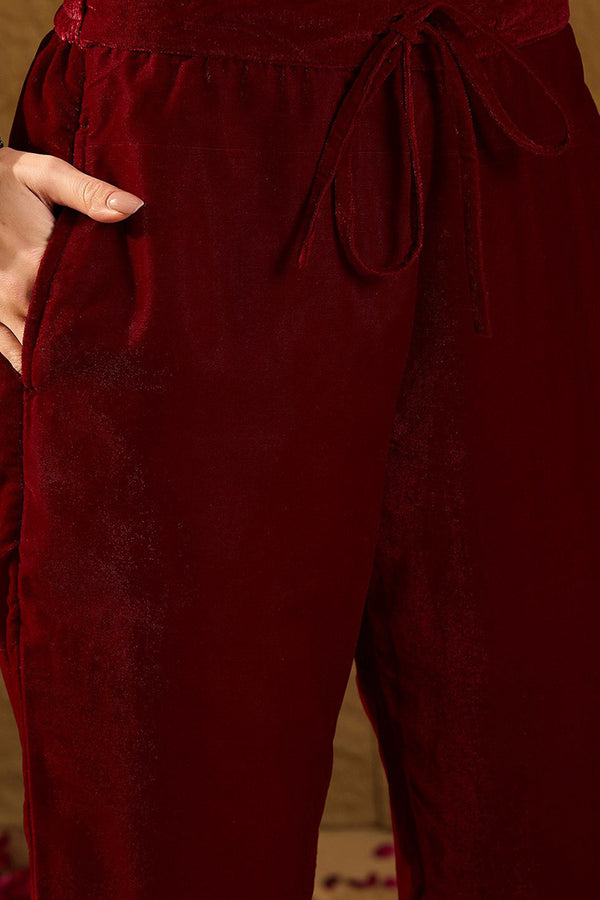 Maroon Velvet Ethnic Motifs Printed Straight Trousers Suit Set PKSKD2881