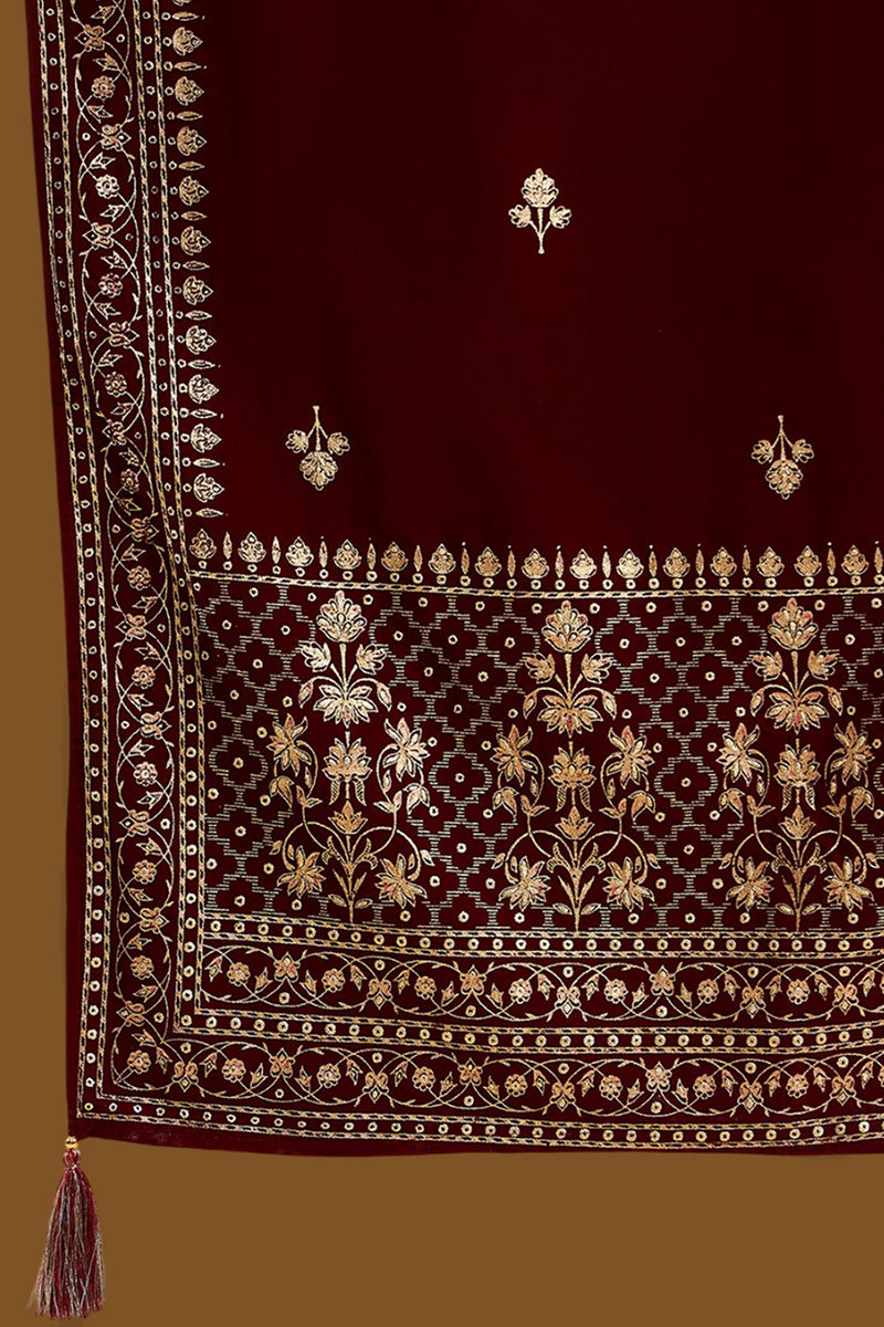 Maroon Velvet Ethnic Motifs Printed Straight Trousers Suit Set PKSKD2881