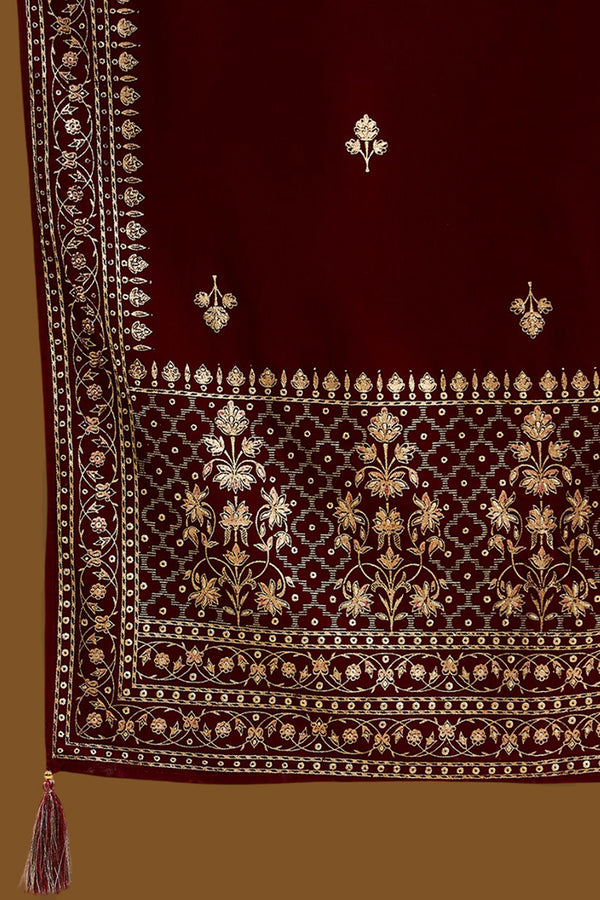 Maroon Velvet Ethnic Motifs Printed Straight Trousers Suit Set PKSKD2881