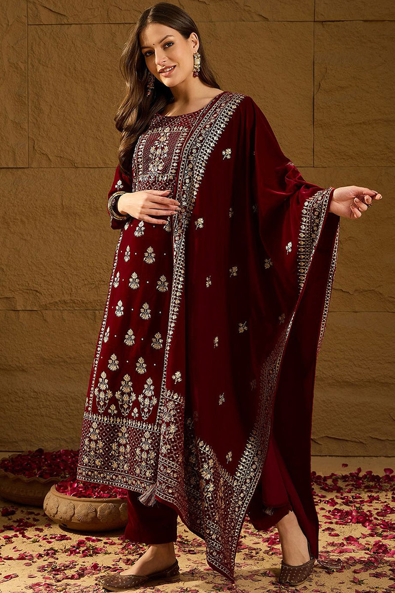 Maroon Velvet Ethnic Motifs Printed Straight Trousers Suit Set PKSKD2881