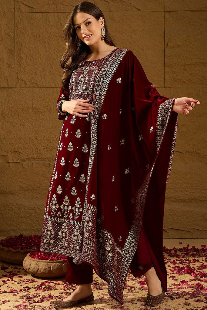 Maroon Velvet Ethnic Motifs Printed Straight Trousers Suit Set PKSKD2881