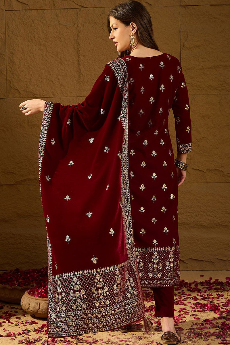 Maroon Velvet Ethnic Motifs Printed Straight Trousers Suit Set PKSKD2881