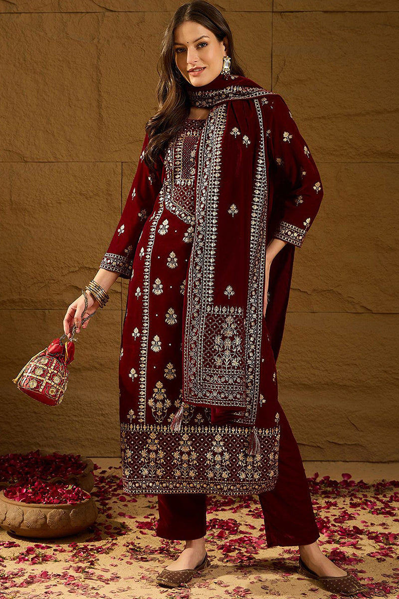Maroon Velvet Ethnic Motifs Printed Straight Trousers Suit Set PKSKD2881