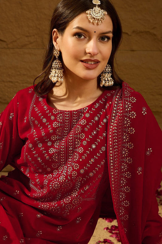 Red Velvet Ethnic Motifs Printed Straight Trousers Suit Set PKSKD2882