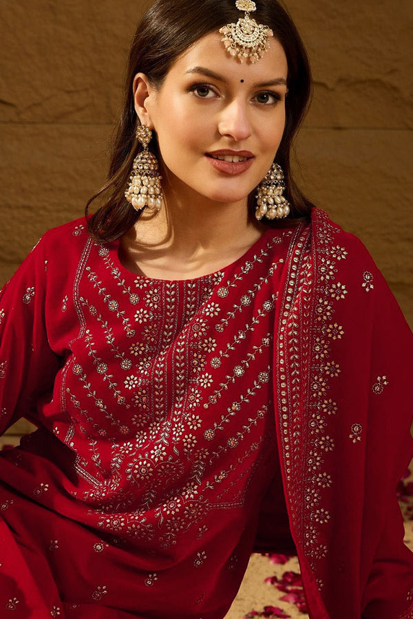 Red Velvet Ethnic Motifs Printed Straight Trousers Suit Set PKSKD2882