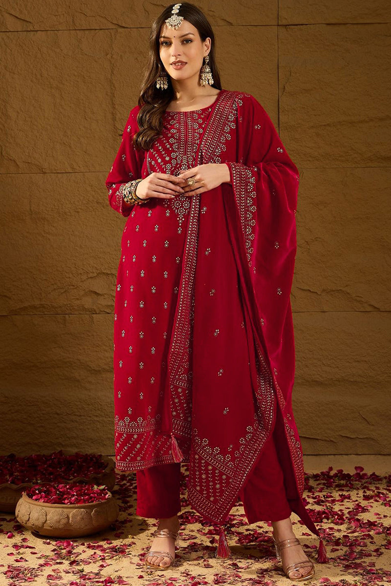 Red Velvet Ethnic Motifs Printed Straight Trousers Suit Set PKSKD2882