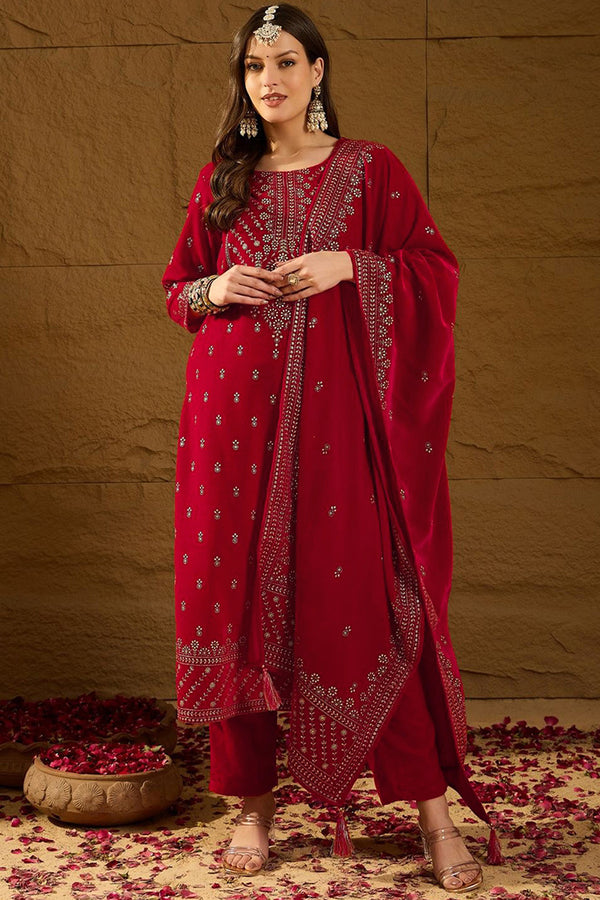 Red Velvet Ethnic Motifs Printed Straight Trousers Suit Set PKSKD2882