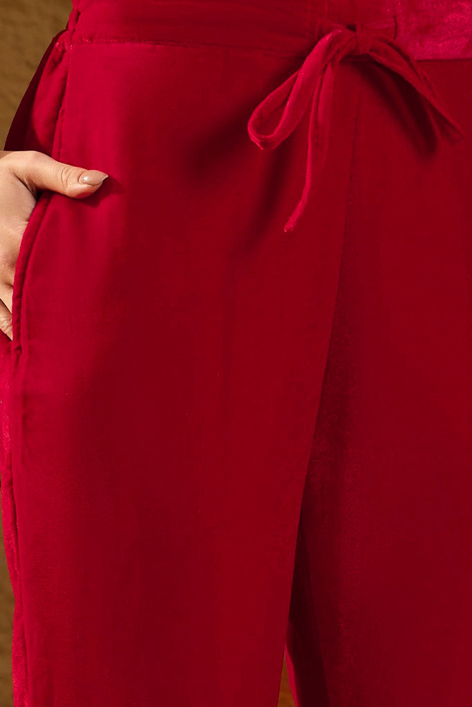 Red Velvet Ethnic Motifs Printed Straight Trousers Suit Set PKSKD2882