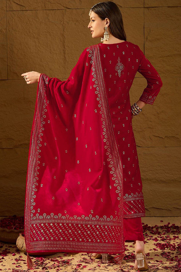 Red Velvet Ethnic Motifs Printed Straight Trousers Suit Set PKSKD2882