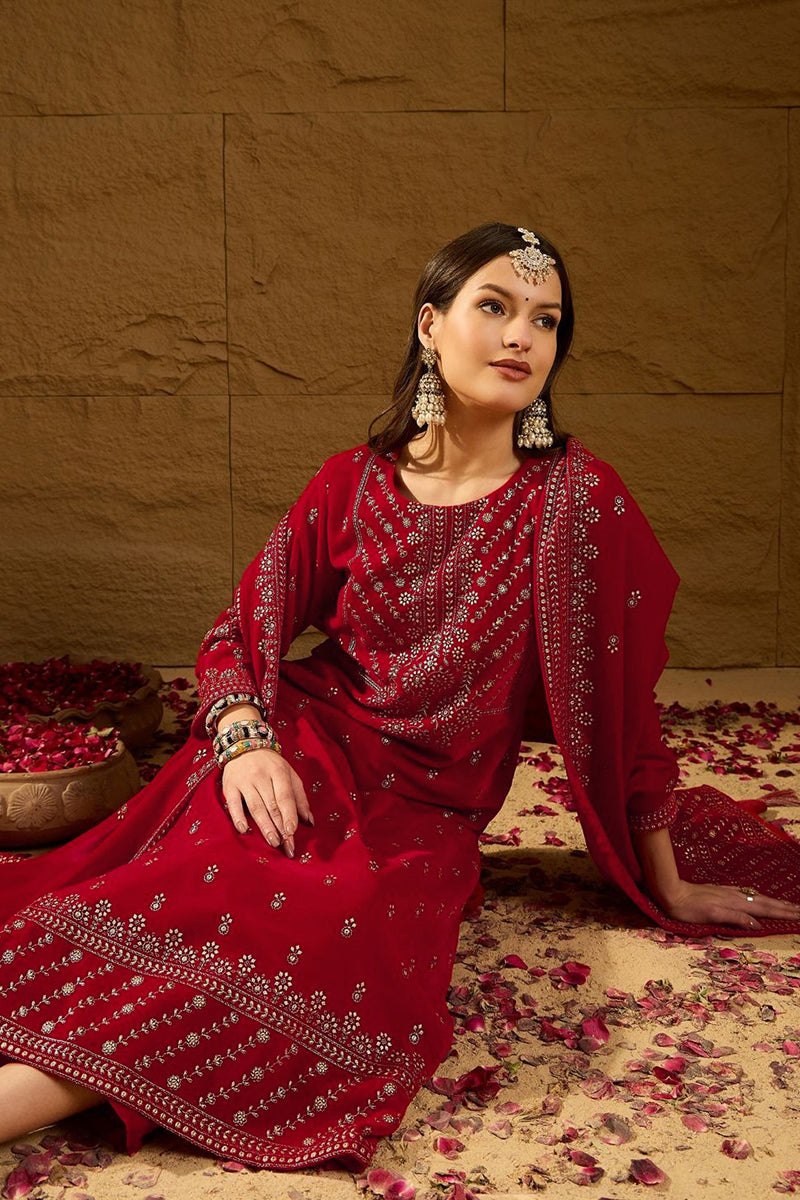 Red Velvet Ethnic Motifs Printed Straight Trousers Suit Set PKSKD2882