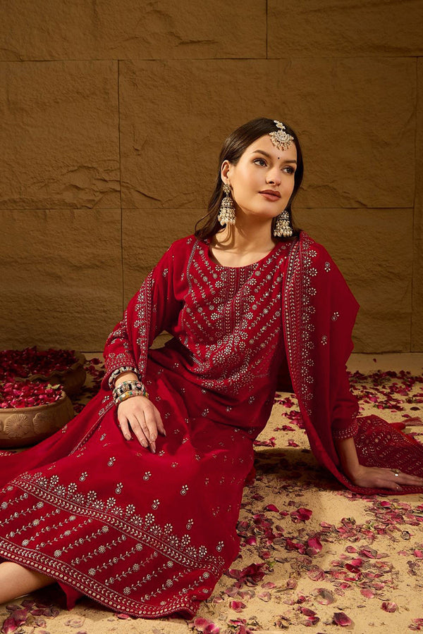 Red Velvet Ethnic Motifs Printed Straight Trousers Suit Set PKSKD2882