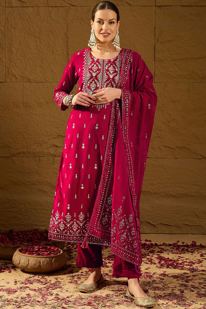 Pink Velvet Ethnic Motifs Printed Straight Trousers Suit Set PKSKD2884