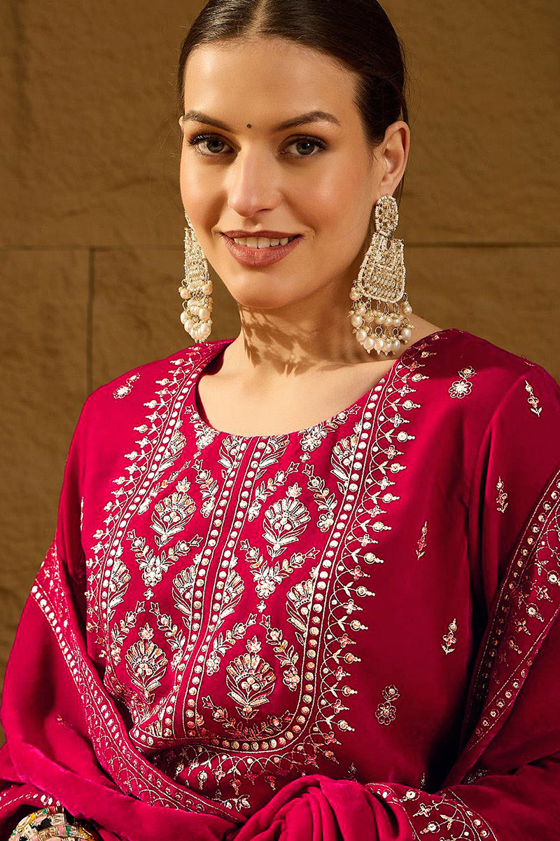 Pink Velvet Ethnic Motifs Printed Straight Trousers Suit Set PKSKD2884