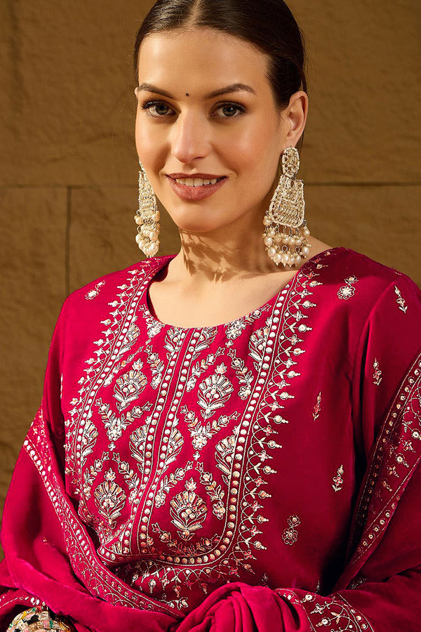 Pink Velvet Ethnic Motifs Printed Straight Trousers Suit Set PKSKD2884