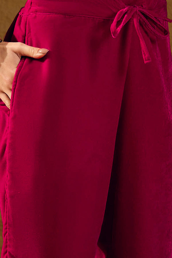 Pink Velvet Ethnic Motifs Printed Straight Trousers Suit Set PKSKD2884