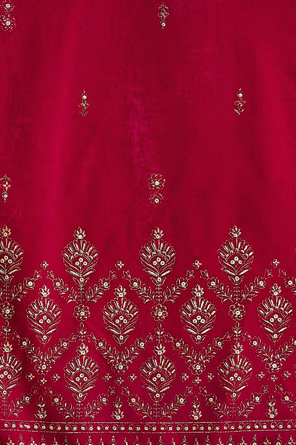 Pink Velvet Ethnic Motifs Printed Straight Trousers Suit Set PKSKD2884