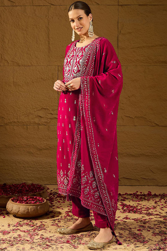 Pink Velvet Ethnic Motifs Printed Straight Trousers Suit Set PKSKD2884