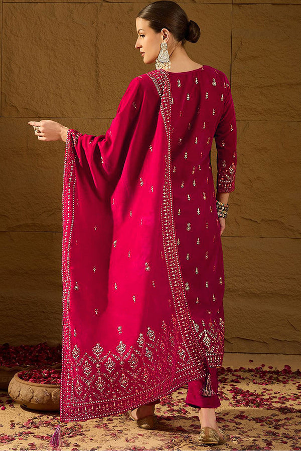 Pink Velvet Ethnic Motifs Printed Straight Trousers Suit Set PKSKD2884