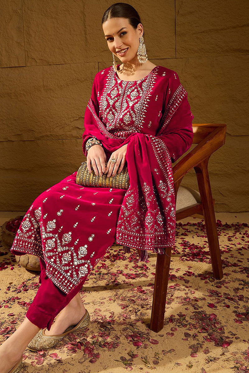 Pink Velvet Ethnic Motifs Printed Straight Trousers Suit Set PKSKD2884