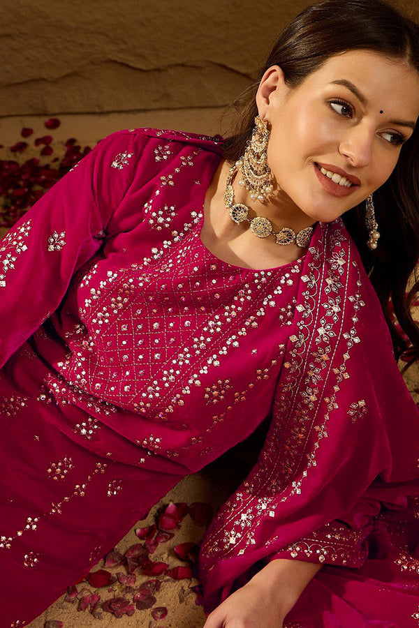 Pink Velvet Ethnic Motifs Printed Straight Trousers Suit Set PKSKD2885